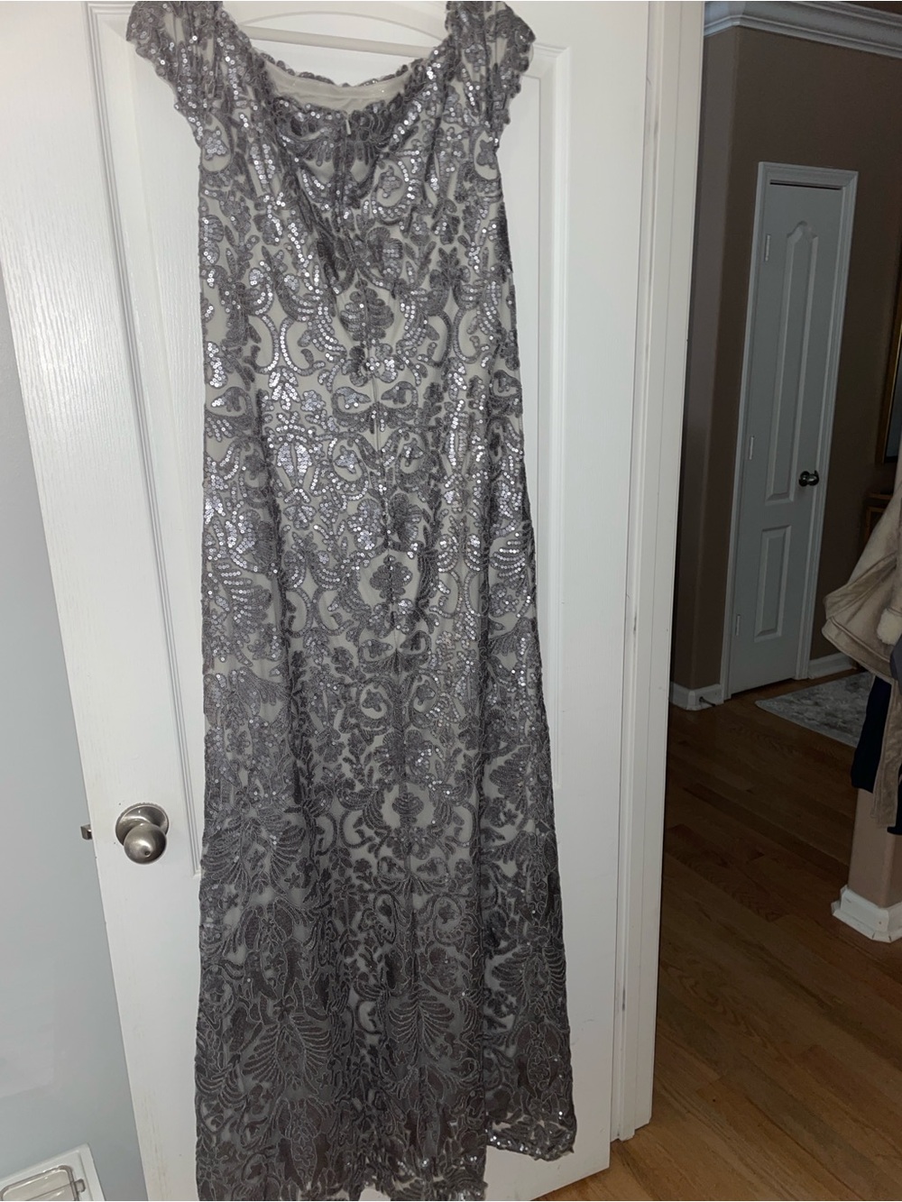 Tadashi Shoji Silver Lace Off-Shoulder Maxi Gown - Picture 5 of 8